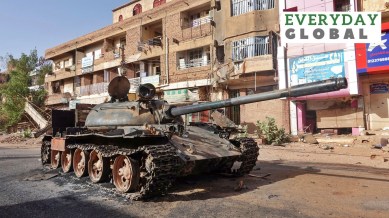 A damaged army tank is seen on the street, almost one year into the war between the Sudanese Armed Forces and the paramilitary Rapid Support Forces (RSF), in Omdurman, Sudan, April 7, 2024.