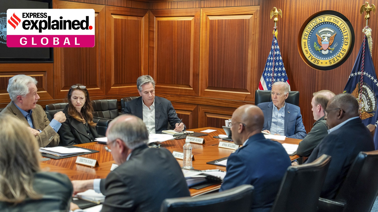 US President Joe Biden, along with members of his national security team and US Secretary of State Antony Blinken, in the Situation Room of the White House on April 13, 2024.