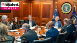 US President Joe Biden, along with members of his national security team and US Secretary of State Antony Blinken, in the Situation Room of the White House on April 13, 2024.