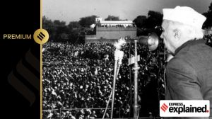 Prime Minister Jawaharlal Nehru addressing a large public gathering. Express Archive