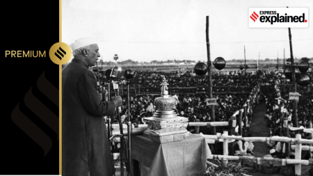 Prime Minister Jawaharlal Nehru addresses a public meeting at Nalanda district in Bihar, on January 12, 1957.