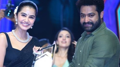 Anupama Parameswaran with Jr NTR at success meet of Tillu Square (Image: Instagram/Anupamaparameswaran)