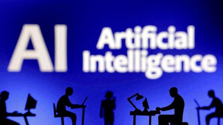 Figurines with computers and smartphones are seen in front of the words "Artificial Intelligence AI" in this illustration taken, February 19, 2024. REUTERS/Dado Ruvic/Illustration/File Photo