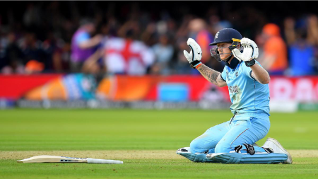 Ben Stokes apologises to New Zealand as the fielded ball hits his bat and runs away for four runs during the final of the ICC Cricket World Cup 2019 between New Zealand and England at Lord’s Cricket Ground