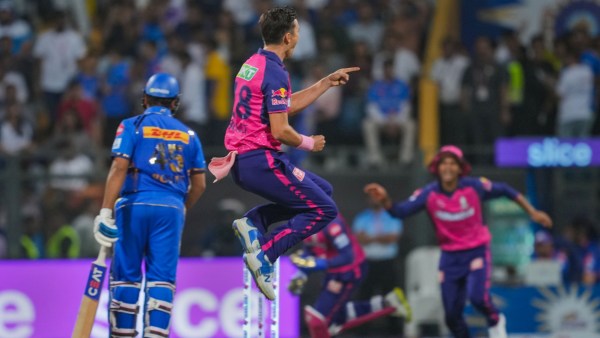 Rajasthan Royals bowler Trent Boult celebrates the wicket of Mumbai Indians batter Rohit Sharma during the Indian Premier League 2024 match between Mumbai Indians and Rajasthan Royals, at Wankhede Stadium in Mumbai,