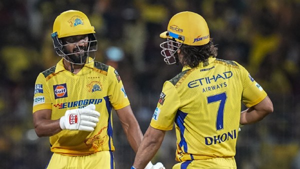 Chennai Super Kings' captain Ruturaj Gaikwad and Mahendra Singh Dhoni after winning the Indian Premier League (IPL) 2024 T20 cricket match over Kolkata Knight Riders, at MA Chidambaram Stadium, in Chennai