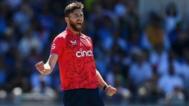 England's Richard Gleeson celebrates a wicket against India in the second T20I at Edgbaston. (twitter/ Cricket England)