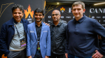 Gukesh poses with his team after winning the Candidates, including his father Dr Rajinikanth 9second from right) and his trainer Grzegorz Gajewski (right). (PHOTO: Michal Walusza/FIDE)