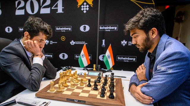 Candidates chess tournament 2024: Gukesh rose to the top spot in the open standings after 8 rounds, thanks to his win over Vidit Gujrathi. (PHOTO: FIDE/ Michal Walusza)