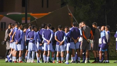 Indian football team players ahead of their trip to Saudi Arabia to play Afghanistan in World Cup Qualifiers. (PHOTO: Indian Football via X)