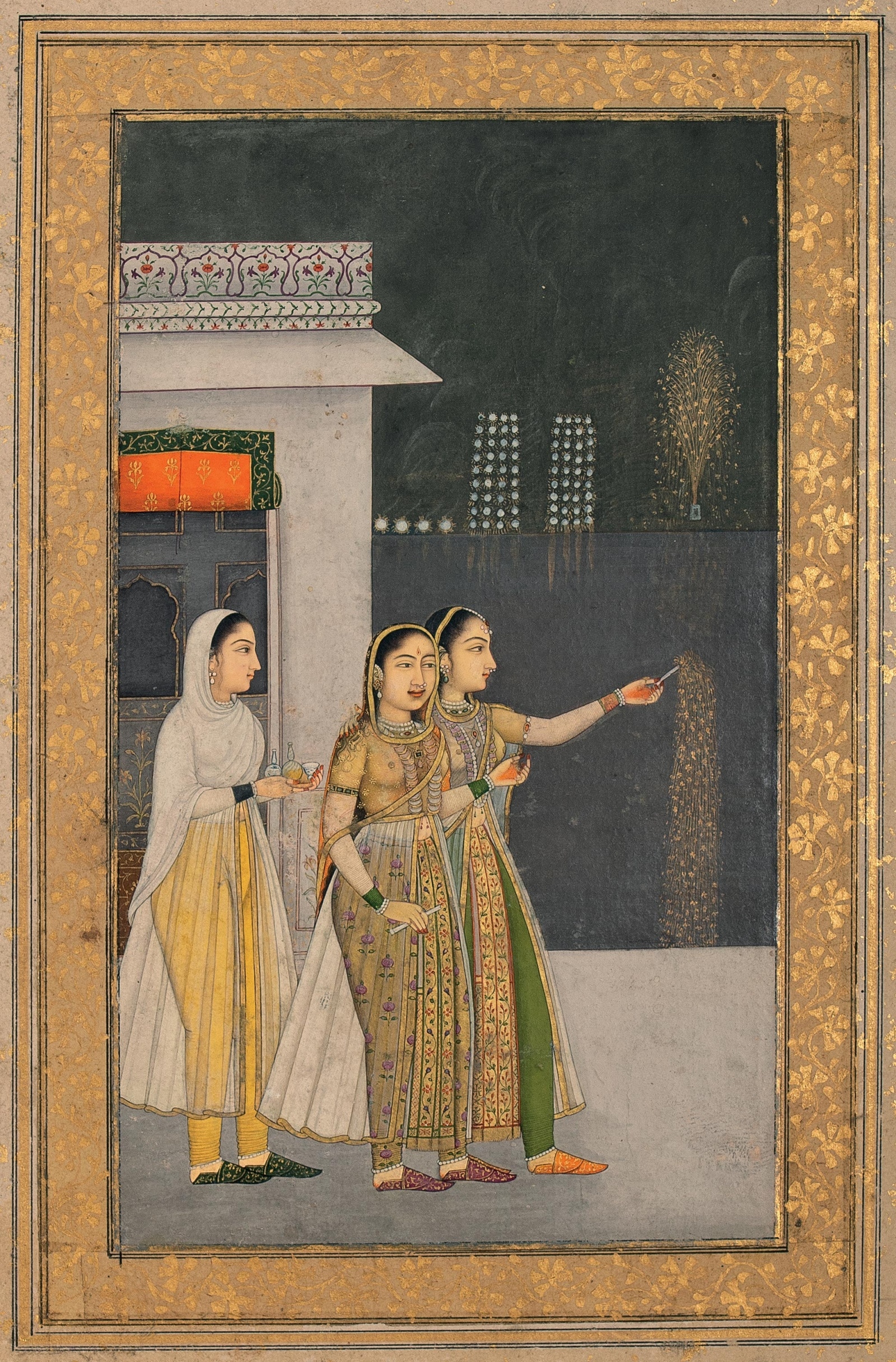 Ladies on ax palace terrace celebrate Diwali_ Attributed to Imperial Mughal artist Muhammad Afzal_ Mughal, Delhi, c. 1730