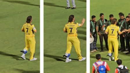 MS Dhoni with a strapped ice pack on his ankle. (Screengrabs)