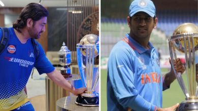 MS Dhoni reunites with 2011 World Cup trophy