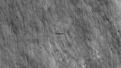 During the next encounter, LRO was closer to Danuri, about 2.5 miles, or 4 kilometers, and oriented 25 degrees toward it. NASA/Goddard/Arizona State University