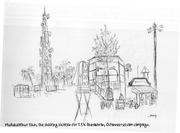 A campaign in Mudukulathur town that is part of the Ramanathapuram seat. (Sketch by EP Unny)