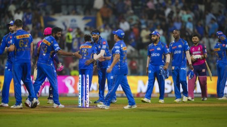 Mumbai Indians players after losing the Indian Premier League (IPL) 2024 cricket match to Rajasthan Royals, at Wankhede Stadium, in Mumbai