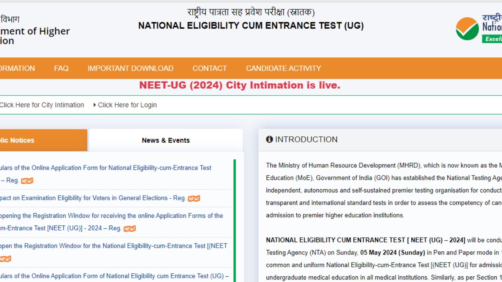 Neet Ug 2024: City Intimation Slip Released, Admit Card Soon 