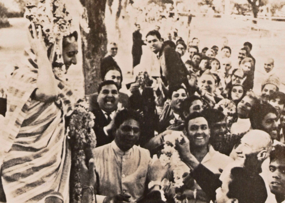 Indira acknowledges greetings from people on her victory in the election of 1971. 'India: The Decades of Development (1947-87)' an exhibition held at Teen Murti House, August 1987.