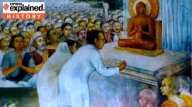 An artistic representation of Dr Ambedkar and his wife, Savita, embracing Buddhism in 1956.