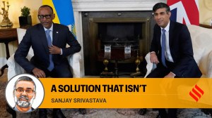 Britain's Prime Minister Rishi Sunak (right) and the President of Rwanda Paul Kagame inside 10, Downing Street in London, Britain April 9, 2024. (Alberto Pezzali/Pool via REUTERS/File Photo)