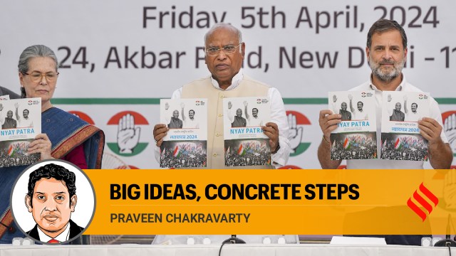 The manifesto also proposes a new employee-linked incentive (ELI) scheme, in contrast to the Modi government’s current production-linked incentive (PLI) scheme for companies. (Express photo by Anil Sharma)