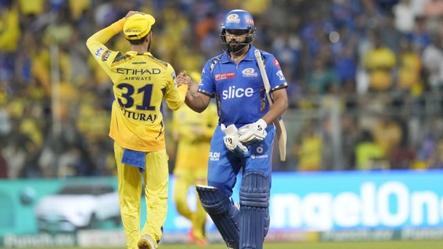 Rohit Sharma of Mumbai Indians and Ruturaj Gaikwad (c) of Chennai Superkings greet each other after the match 29 of the Indian Premier League season 17 (IPL 2024) between Mumbai Indians and Chennai Super Kings held at the Wankhede Stadium, Mumbai