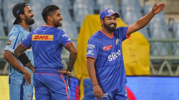 IPL Match Today: Mumbai Indians players Rohit Sharma and Suryakumar Yadav with LSG skipper KL Rahul during a practice session ahead of the Indian Premier League (IPL) T20 cricket match between Lucknow Super Giants and Mumbai Indians, at the Bharat Ratna Shri Atal Bihari Vajpayee Ekana Cricket Stadium in Lucknow. (PTI)