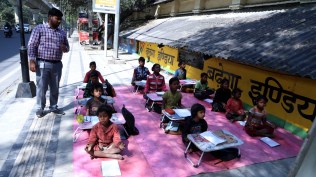 Teacher Gaurav (left) has been teaching at the Bal Sanskar Kendra in Dhaula Kuan, New Delhi, for a year. (Express Photo by Renuka Puri)
