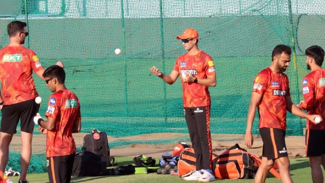 PBKS vs SRH IPL 2024: Sunrisers Hyderabad players during their practice session at the PCA Stadium in Mulllanpur. (Express Photo by Kamleshwar Singh)