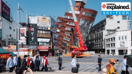 Taiwan President-elect Lai Ching-te inspects the damage following the earthquake, in Hualien, Taiwan in this Taiwan Presidential Office handout image released April 3, 2024.