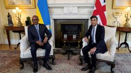 Britain's Prime Minister Rishi Sunak and the President of Rwanda Paul Kagame pose for the media, ahead of their meeting inside 10 Downing Street in London