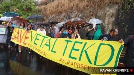 Citizen and Vetal Tekdi Bachav Kruti Samiti members held protest march against Pune Municipal Corporation Vetal Tekdi projects at SB Road. (Express Photo by Pavan Khengre)