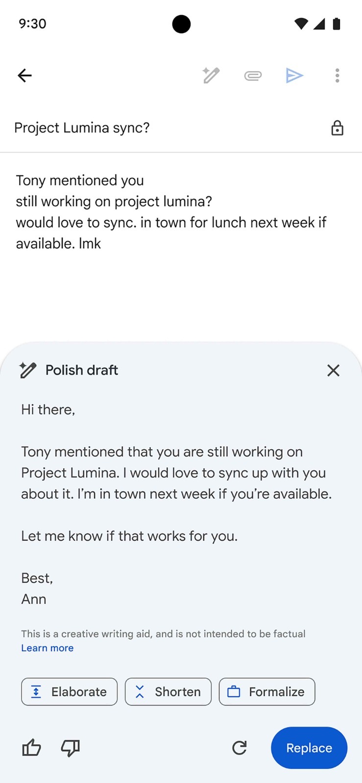 Polished draft in Gmail mobile