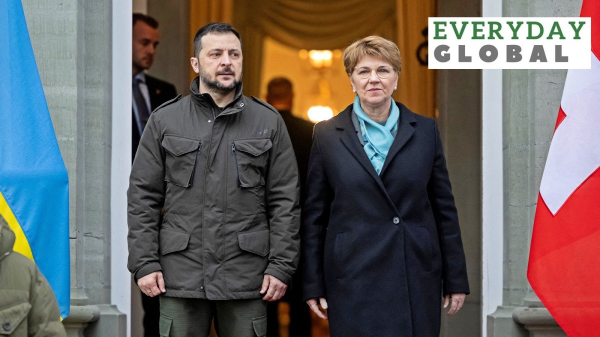 President of the Swiss Confederation Viola Amherd welcomes Ukrainian President Volodymyr Zelenskiy on January 15, 2024, in Kehrsatz near Bern, Switzerland.