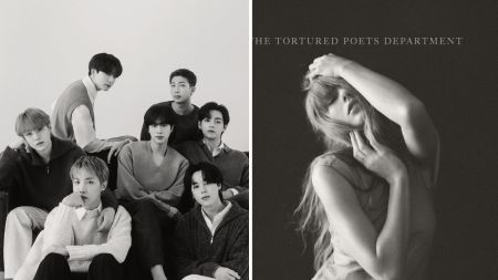 bts monochrome pop up and taylor swift apple music puzzle for tortured poets