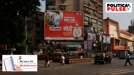 A ‘Modi guarantee’ hoarding in Mumbai. (Express Photo by Amit Chakravarty)