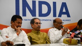 From left: Maharashtra Congress President Nana Patole, Shiv Sena (UBT) chief Uddhav Thackeray and NCP chief Sharad Pawar during a Maha Vikas Aghadi (MVA) press conference, in Mumbai, Tuesday, April 9, 2024. (Express Photo by Sankhadeep Banerjee)