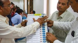 Polling officials during a training programme on the functioning of Electronic Voting Machine (EVM) and Voter Verifiable Paper Audit Trail (WPAT), ahead of Lok Sabha elections