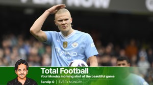 Manchester City's Erling Haaland reacts during the English Premier League soccer match between Manchester City and Luton Town at Etihad stadium in Manchester, England, Saturday. (AP)