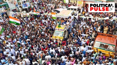 Congress leader Priyanka Gandhi Vadra with party candidate Shashi Tharoor during a road show for Lok Sabha elections, at Poonthura in Thiruvananthapuram, April 20, 2024. (PTI)