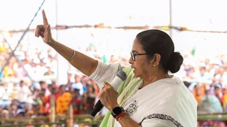 West Bengal Chief Minister and TMC chief Mamata Banerjee addresses a public meeting in support of party candidates ahead of the second phase of Lok Sabha elections, in South Dinajpur district
