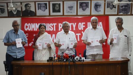 Communist Party of India ( Marxist) leaders Sitaram Yechury, Prakash Karat, Brinda Karat and others during the party's election manifesto release at the party HQ in New Delhi