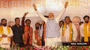 PM Narendra Modi at campaign rally with NDA candidates and leaders at Pune Race Cource on Monday. Express photo by Arul Horizon