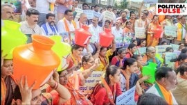 Former Chief Ministers BS Yediyurappa, Basavaraj Bommai along with other leaders and BJP supporters also joined protests by farmer groups near Mandya. (Express photo by Jithendra)