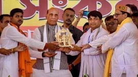 Defence Minister and BJP leader Rajnath Singh during a public meeting for Lok Sabha elections, at Jalangi in Murshidabad district