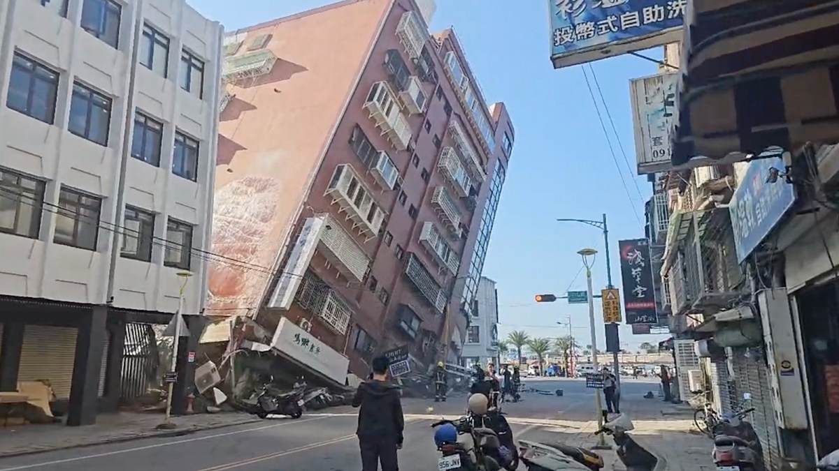 In this image taken from a video footage run by TVBS, a partially collapsed building is seen in Hualien, eastern Taiwan on Wednesday after a powerful earthquake rocked the entire island. (AP)