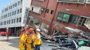 Taiwan Earthquake LIVE: Firefighters work at the site where a building collapsed following the earthquake, in Hualien, Taiwan, in this handout provided by Taiwan's National Fire Agency on April 3, 2024. (Taiwan National Fire Agency/Handout via Reuters)