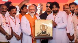 Prime Minister Narendra Modi during a public meeting for Lok Sabha elections, in Rajahmundry, Andhra Pradesh