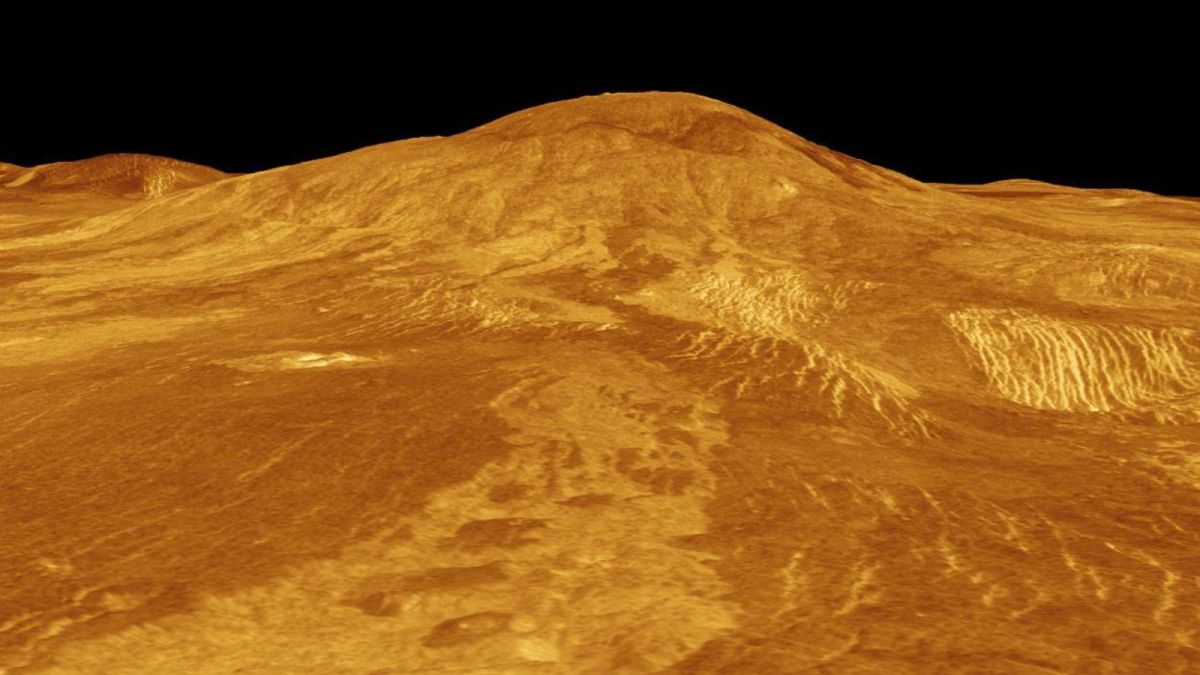This computer-generated 3D model of Venus’ surface shows the volcano Sif Mons, which is exhibiting signs of ongoing activity. Using data from NASA’s Magellan mission, Italian researchers detected evidence of an eruption while the spacecraft orbited the planet in the early 1990s. Credit: NASA/JPL