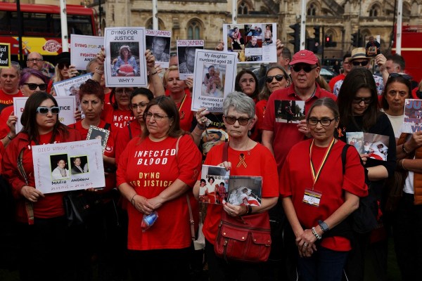 People impacted by the contaminated blood scandal gather in Westminster for a vigil to remember those that lost their lives, ahead of the release of the final report of the Infected Blood Inquiry on Monday, in London, Britain, May 19, 2024.